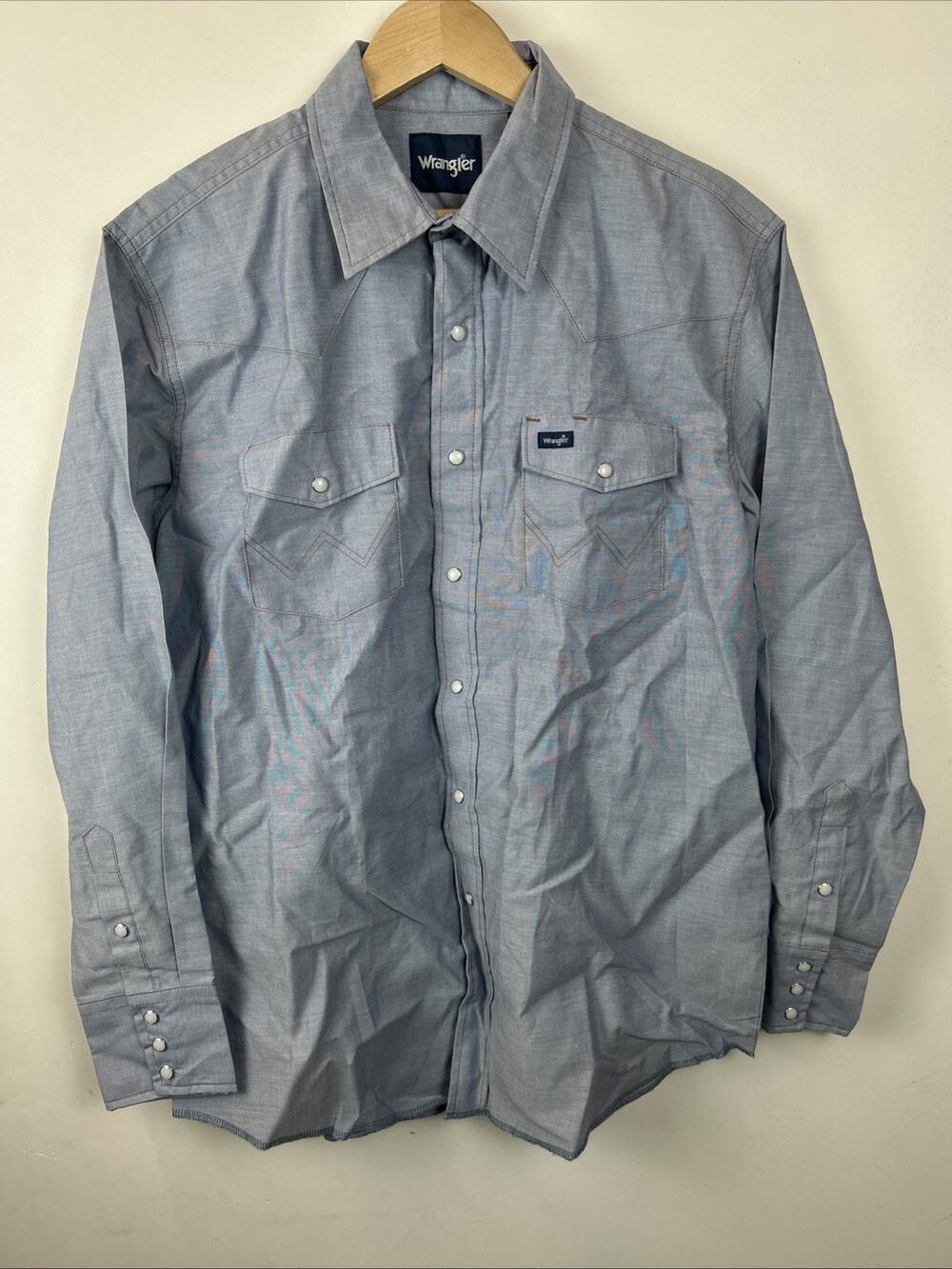 Vintage Wrangler Light Denim 17 1/2x35 Pearl Snap Western XLong Tail USA Shirt
